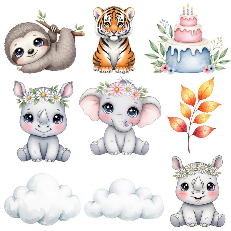 Watercolor Safari Animals Clipart, Cute Jungle Baby Animals PNG, Safari ...