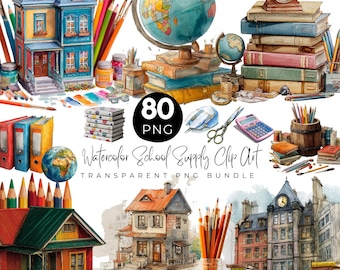 May include: Watercolor clip art bundle featuring school supplies. Includes illustrations of buildings, globes, books, pencils, and a laptop. The text reads "80 PNG Watercolor School Supply Clip Art Transparent PNG Bundle."