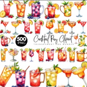 May include: A collection of watercolour cocktail illustrations, featuring margaritas, martinis, and highballs, decorated with fruit and berries. The image includes the text "500 PNG" and "Cocktail Png Clipart - Transparent Png Bundle".