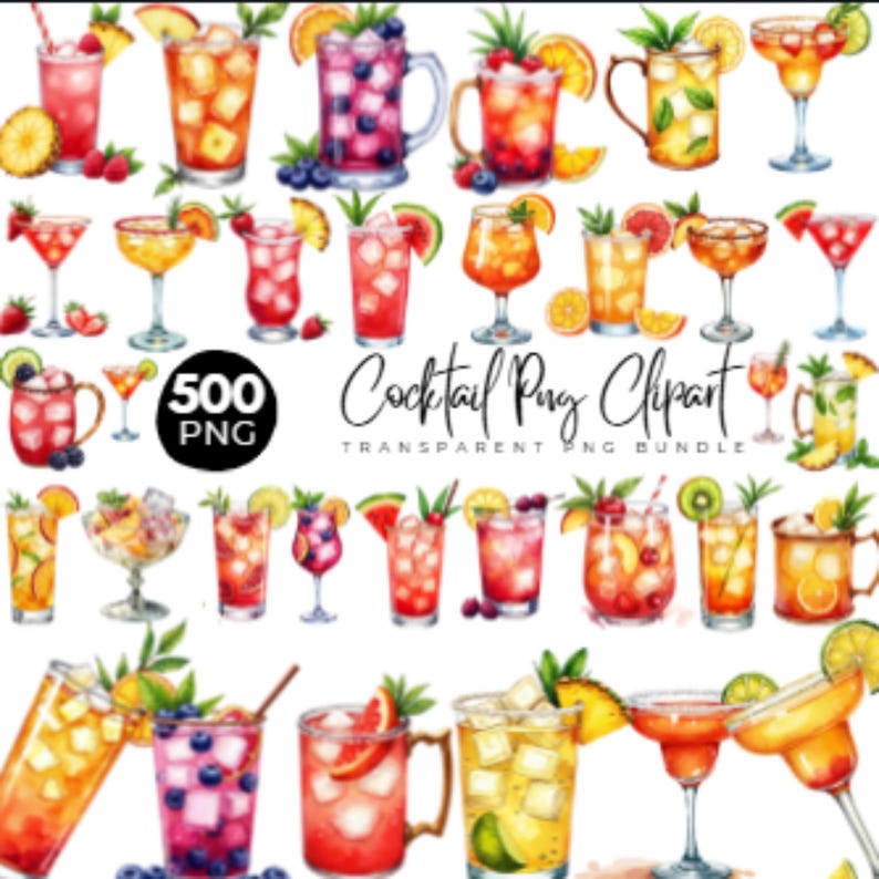 May include: A collection of watercolour cocktail illustrations, featuring margaritas, martinis, and highballs, decorated with fruit and berries. The image includes the text "500 PNG" and "Cocktail Png Clipart - Transparent Png Bundle".