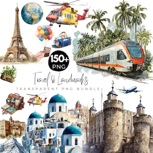 May include: Watercolor illustrations of travel landmarks and transportation, including the Eiffel Tower, a helicopter, a train, and a globe. The image includes the text "Travel & Landmarks" and "Transparent PNG Bundle."