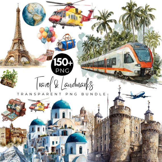 150 +Travel Clipart Bundle, Famous Landmarks PNG, World Travel Illustrations, Transparent PNG, Airplane Train Tower,Travel Aesthetic Clipart