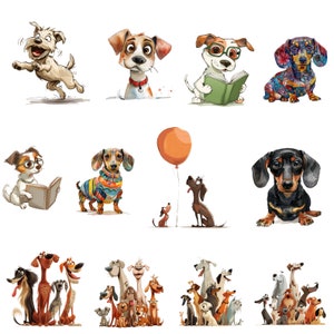 Pu&ograve; includere: Una collezione di cani di cartoni animati in varie pose e ambientazioni. Alcuni cani indossano vestiti, altri tengono libri e uno tiene persino un palloncino. Tutti i cani sono disegnati in uno stile colorato e fantasioso.