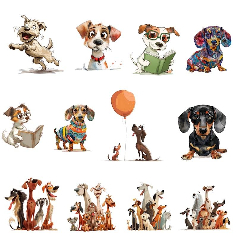 Pu&ograve; includere: Una collezione di cani di cartoni animati in varie pose e ambientazioni. Alcuni cani indossano vestiti, altri tengono libri e uno tiene persino un palloncino. Tutti i cani sono disegnati in uno stile colorato e fantasioso.