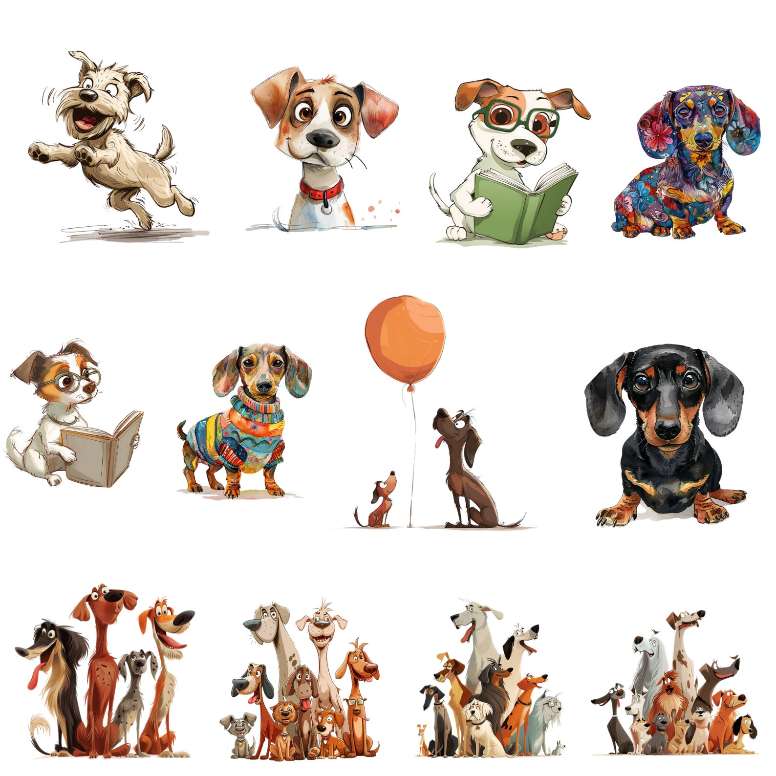 Quirky Dog Clipart Png Bundle, Funny Pets Dog Clipart, Whimsical Dogs ...