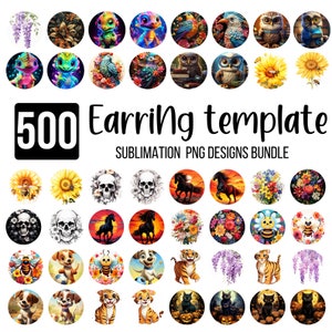 以下が含まれることがあります： 500個のイヤリングテンプレートデザインのコレクション。昇華PNGバンドルです。円形のデザインには、動物、花、スカル、抽象的なパターンなど、さまざまなイラストが使用されています。「Earring template」というテキストが表示されています。