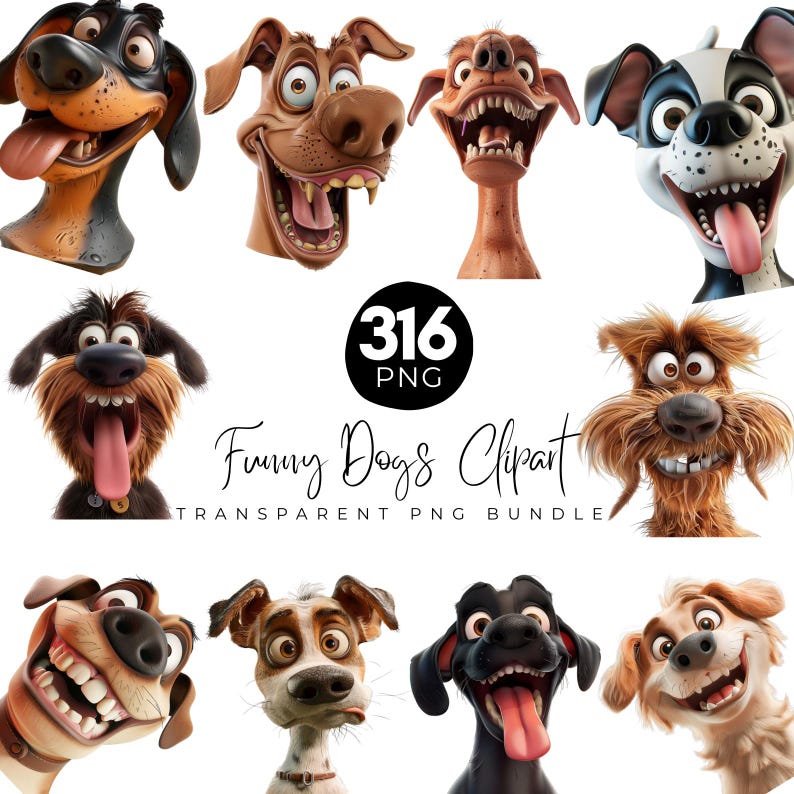 Pacchetto di Clipart di cani divertenti, Clipart di cani stravaganti, Cani carini e sciocchi con acquerello png, Grafica stravagante di cuccioli, Disegni per magliette, Download digitale immagine 1