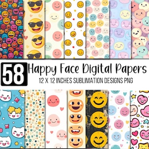 May include: A selection of 58 digital papers with happy face designs. The papers display a range of colourful patterns with smiley faces, sunglasses, and other cheerful expressions. Each design is 30.48 x 30.48 cm, suitable for sublimation projects.
