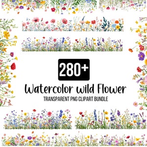 280+ Pacote de clipart de flores silvestres, prado de flores silvestres, flor em aquarela, aquarela de flores silvestres png, álbum de recortes, diário de lixo, download digital