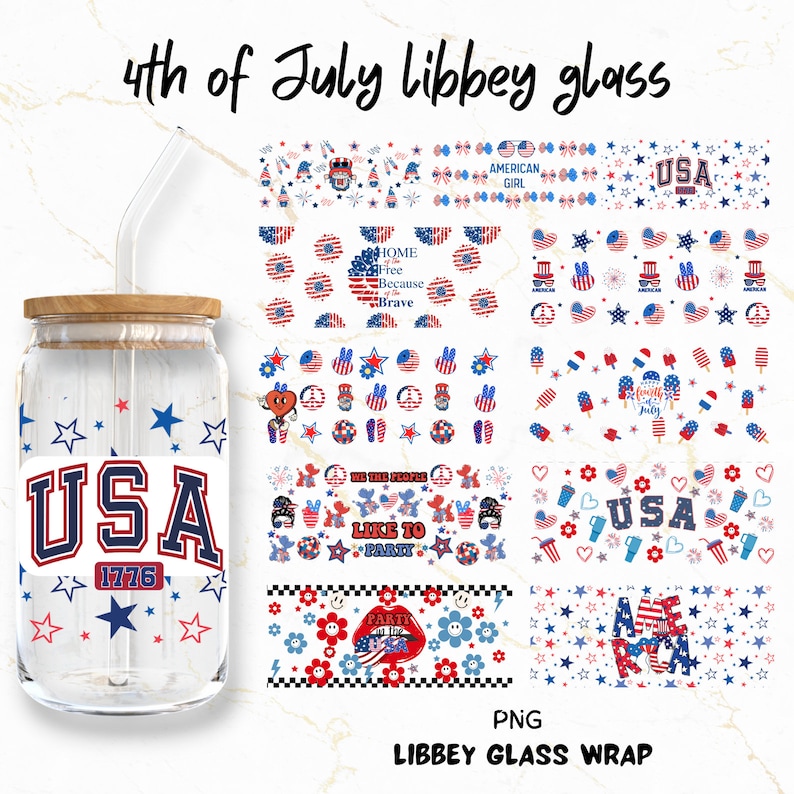 May include: A set of 4th of July themed printable stickers for a Libbey glass. The stickers feature red, white, and blue stars, hearts, fireworks, and text like "USA", "We the People", "Like to Party", and "Home of the Free Because of the Brave".