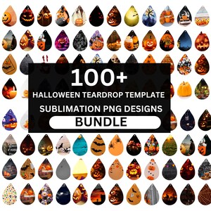 May include: A bundle of over 100 Halloween teardrop designs. Each design showcases a unique image, including pumpkins, bats, and spooky scenes. The designs are for sublimation printing, ideal for creating earrings and other crafts.