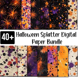 May include: A digital paper bundle with 40+ Halloween themed patterns. The patterns feature orange, purple, and black splatters, polka dots, and fireworks on various backgrounds.