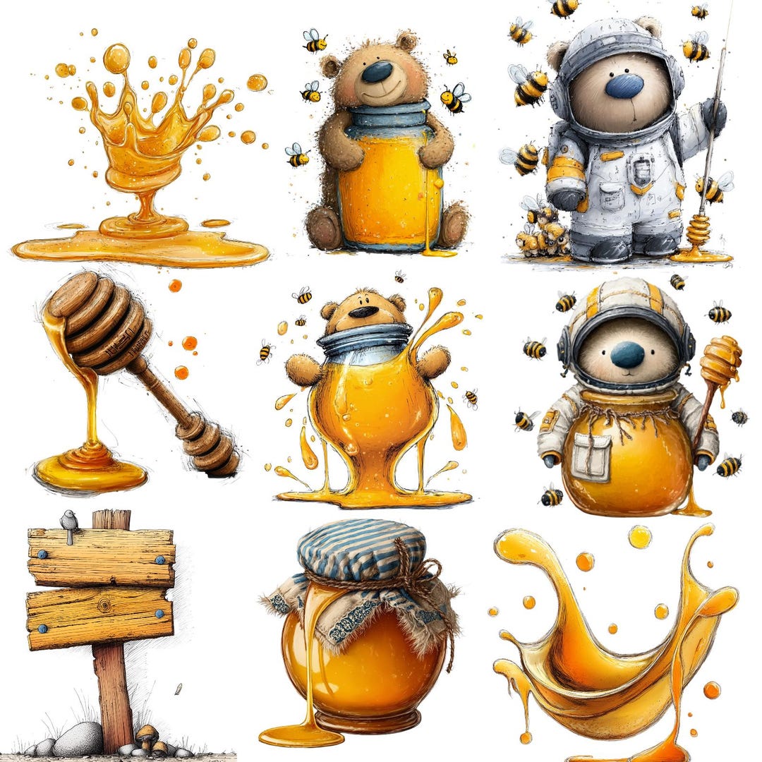 09 Bear and Bee Clipart PNG Bundle, Watercolor Honey Bear Bumblebee Set ...
