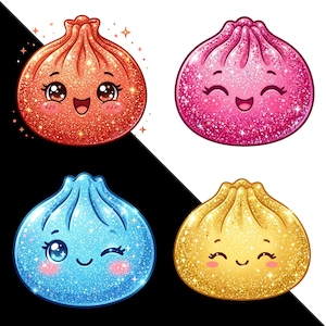 May include: Four glittery, round dumpling characters with smiling faces. The top left is orange, the top right is pink, the bottom left is blue, and the bottom right is gold. Each dumpling features sparkling textures, rosy cheeks, and expressive eyes.