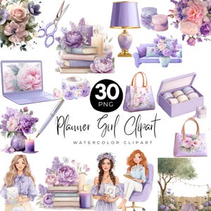 May include: A collection of watercolor clipart featuring various purple and lavender-themed items. Includes a laptop, pen, purse, candles, flowers, and the text "Planner Girl Clipart". The image has a feminine and artistic aesthetic.