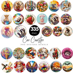335 Car Coaster PNG Bundle, Floral Car Coaster, Animal Car Coaster, Sublimation Design, Dog Car Coaster, Cat Car Coaster, Digital Download