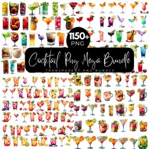 May include: A vibrant collection of watercolour cocktail illustrations in various glasses, garnished with fruits. The image includes the text "Cocktail Png Mega Bundle" and "1150+ PNG".