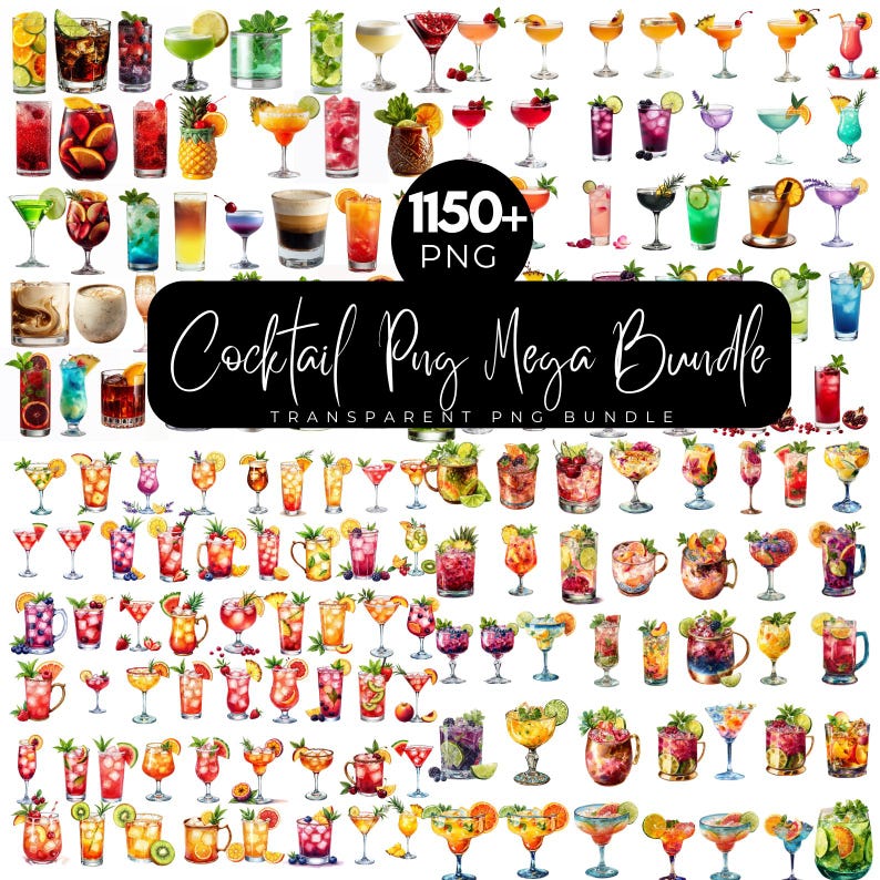 May include: A vibrant collection of watercolour cocktail illustrations in various glasses, garnished with fruits. The image includes the text "Cocktail Png Mega Bundle" and "1150+ PNG".