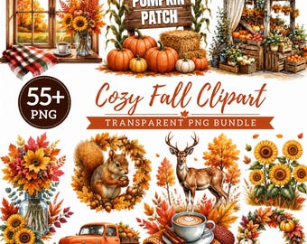 May include: A digital collection of fall-themed clipart featuring pumpkins, sunflowers, a squirrel, a deer, a rustic truck, and cozy autumn scenes. The text reads 55+ PNG, Cozy Fall Clipart, and Transparent PNG Bundle, with a Pumpkin Patch sign.