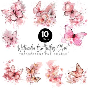 Watercolor Pink Butterfly Clipart Png Bundle, Watercolor Butterflies, Pastel Pink Butterflies, Transparent Background Garden Flowers clipart