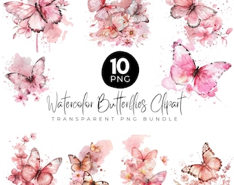 Bundle di clipart di farfalle rosa acquerello, farfalle acquerello, farfalle rosa pastello, clipart di fiori da giardino con sfondo trasparente