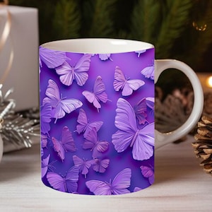 May include: A white ceramic mug with a purple background and a pattern of purple butterflies. The butterflies are 3D and have a textured look.
