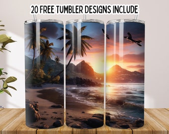 3D Sunset Beach 20oz Skinny Tumbler PNG, Skinny Beach Sunset Tumbler, Summer Tumbler Wraps, Straight Tumbler, Seamless Sublimation Tumbler