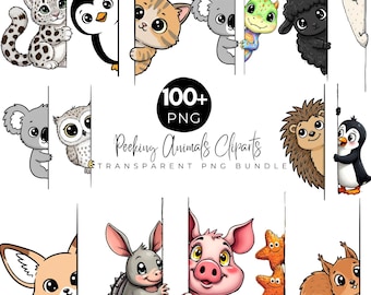 Pacchetto di clipart PNG di animali che sbirciano, simpatici volti di animali dei cartoni animati, divertenti animali della giungla e della fattoria, animali per bambini, PNG trasparenti, download digitale