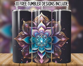 May include: Three stainless steel tumblers with a mandala design featuring purple, blue, gold, and black colors. The design is a stylized flower with intricate details.