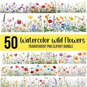 50 Wildflower Clipart Bundle, Watercolor Wildflower Png, Wildflower Meadow, Watercolor Flower, Scrapbook, Junk Journal, Digital Download