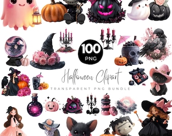 100 Pastel Goth Halloween PNG Bundle, Pink and Black Halloween Clipart, Gothic Pumpkin Skull Ghost PNG, Cute Spooky PNG