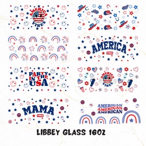 May include: Set of eight 16 oz. glass tumblers with various patriotic designs. Designs include red, white, and blue stars, rainbows, fireworks, smiley faces, and text that says "America Vibes", "Party in the USA", "Mama Vibes", and "American American".