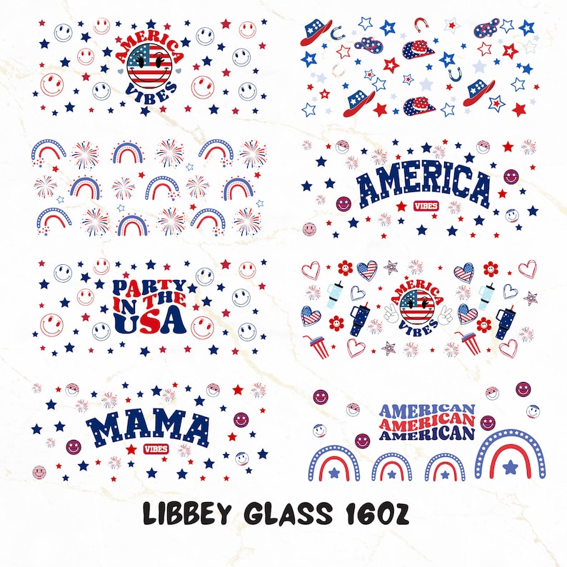 May include: Set of eight 16 oz. glass tumblers with various patriotic designs. Designs include red, white, and blue stars, rainbows, fireworks, smiley faces, and text that says "America Vibes", "Party in the USA", "Mama Vibes", and "American American".
