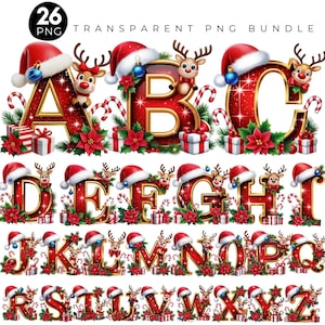 May include: A festive Christmas alphabet PNG bundle featuring letters A through Z. Each letter is red with gold trim, adorned with a Santa hat, reindeer, ornaments, gifts, and candy canes. The text at the top reads "TRANSPARENT PNG BUNDLE".