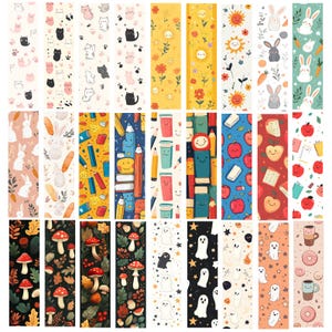 May include: A collection of colorful bookmarks with various designs. Some feature cats, bunnies, and carrots. Others showcase pencils, books, apples, mushrooms, ghosts, and coffee cups. The bookmarks are rectangular and have a variety of patterns.