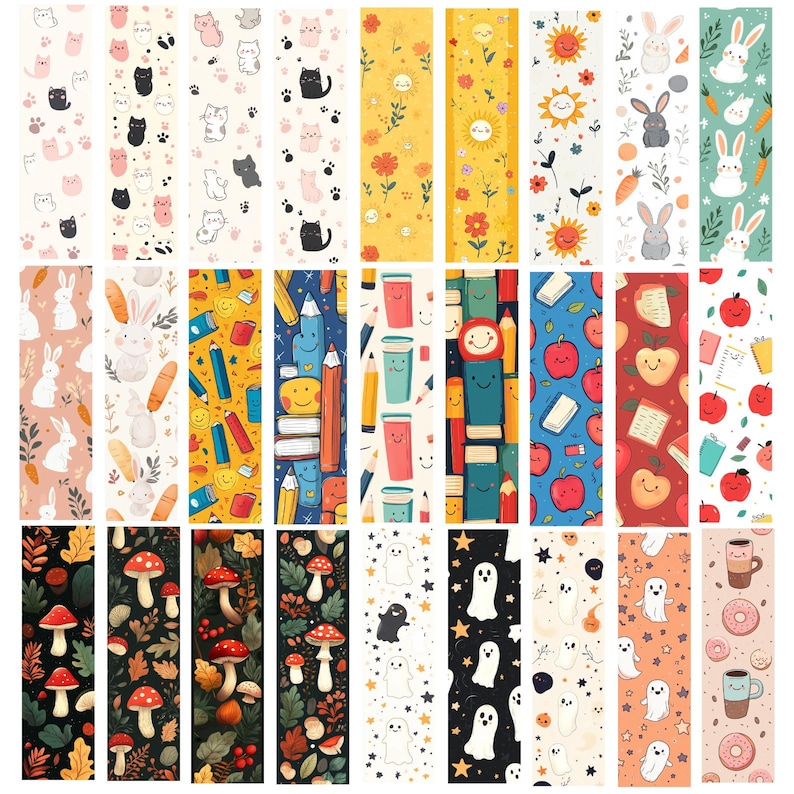 May include: A collection of colorful bookmarks with various designs. Some feature cats, bunnies, and carrots. Others showcase pencils, books, apples, mushrooms, ghosts, and coffee cups. The bookmarks are rectangular and have a variety of patterns.