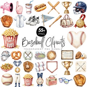 May include: A collection of baseball-themed watercolor illustrations including a pink megaphone, foam finger, hot dog, bats, trophies, helmet, glove, jersey, cleats, pennant, duffel bag, medal, popcorn, heart-shaped ball, pretzel, stadium, and scoreboard.