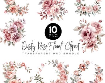Dusty Rose Floral Clipart Png, Watercolor Roses Wreath, Blush Floral Wreath Png, Blossom Floral Png, Blush Flowers, Wedding Clipart Bundle