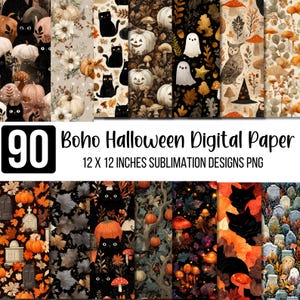 May include: A selection of 90 Boho Halloween digital paper designs. The designs feature pumpkins, black cats, ghosts, mushrooms, and other autumn-themed elements. Each design is 30.48 x 30.48 cm. The colour palette includes orange, black, and cream.