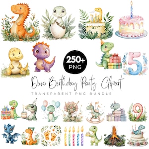 250+ Dino Birthday Clipart Bundle, Cute Dinosaur Party PNG, Watercolor Dino Birthday Decorations, Kids Dino Cake Toppers