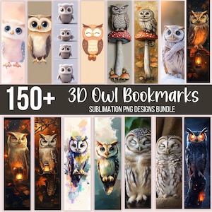 150+ 3D-uil bladwijzers, sublimatie PNG-bundel, Fantasy Owl Art, mystieke bladwijzerset, digitale download