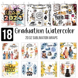 Abschlussbecher Png-Bundle, Aquarell-Abschlusskarten, Blumen-Abschluss 2024 Sublimationsbecher, Abschlusszeremonie Grafiken