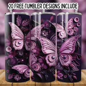 3D lila Blumen, Schmetterling 20 Unzen Tumbler Wrap PNG, Schmetterling Sublimation Design png, Nahtloser Schmetterling Tumbler, Gerader Tumbler Wrap png