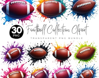 30 Watercolor Football Collection Clipart, Football PNG Bundle, American Football PNG, Football Printable Art, Football Posters, Digital Png