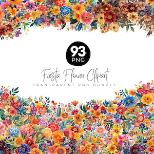 Könnte beinhalten: Ein lebendiges digitales Kunstwerk mit einer farbenfrohen Anordnung von Blumen in Rot-, Orange-, Gelb-, Blau- und Lilatönen. Der Text "93 PNG" befindet sich in einem schwarzen Kreis, darunter "Fiesta Flower Clipart" und "Transparent PNG Bundle".