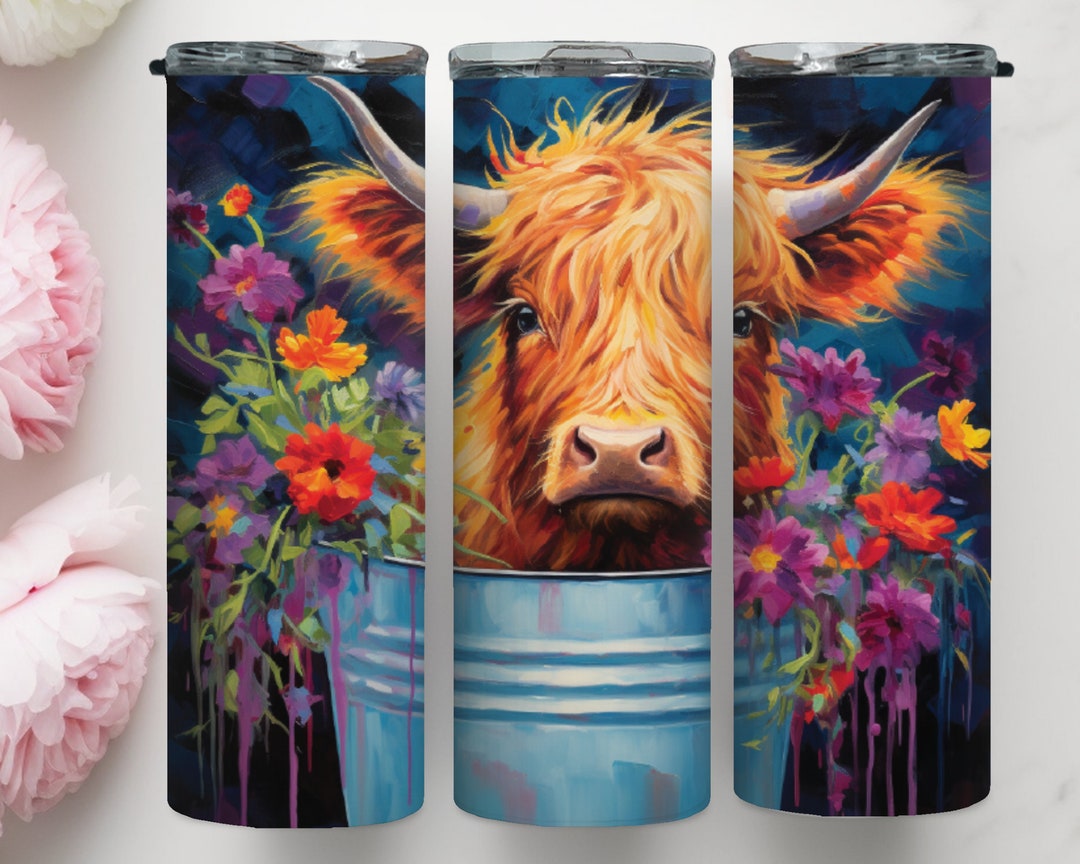 3D Brown Highland Cow and Flowers 20oz Tumbler PNG, 3D Floral Cow ...