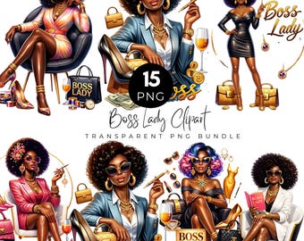 Pacchetto di clipart di Boss Lady, PNG di imprenditrice di colore, illustrazione di donna d'affari di lusso, clipart di donna afro, clipart di donna PNG