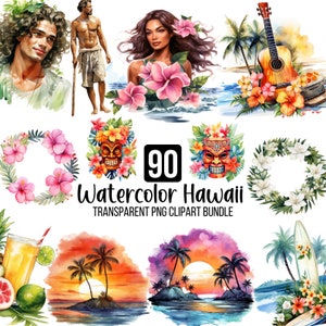 90 Bundle de cliparts Hawaï, aquarelle Hawaï Png, Illustrations pastel de surf d'île tropicale d'été, Clipart plage d'été, téléchargement numérique