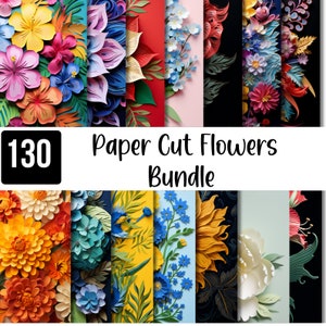 May include: A collage of 130 paper cut flower designs in various colors and styles. The text "Paper Cut Flowers Bundle" is displayed at the top of the image.