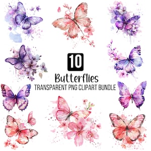 Pacote de clipart floral de borboletas PNG, borboletas em aquarela 3D, borboletas em aquarela, fundo transparente, clipart de flores de jardim